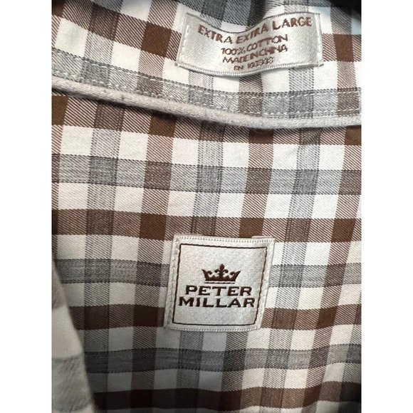 Peter Millar Men’s Shirt 2XL XXL Grey Brown White Check Button Down Long Sleeve - Picture 6 of 7